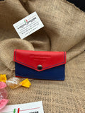 Stripe wallet, portafogli in vera pelle, con bottone e cuciture. Rosso e Blu